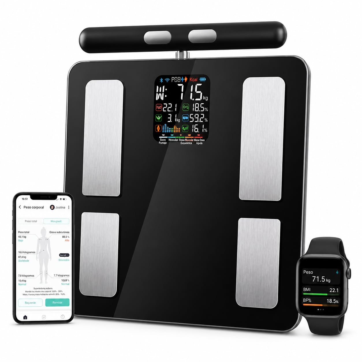 Báscula bioimpedancia Inteligente bluetooth, Análisis Corporal Completo +27 mediciones,%grasa corporal, músculo, 8 Electrodos de Alta Precisión, 180 kg