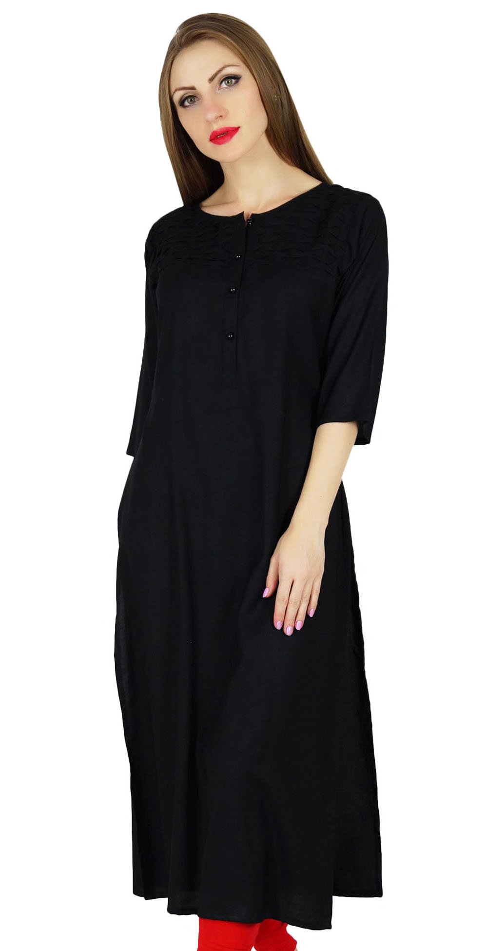 Bimba Women's Black Rayon Straight Kurta Kurti 3/4 Sleeve Casual Summer Blouse