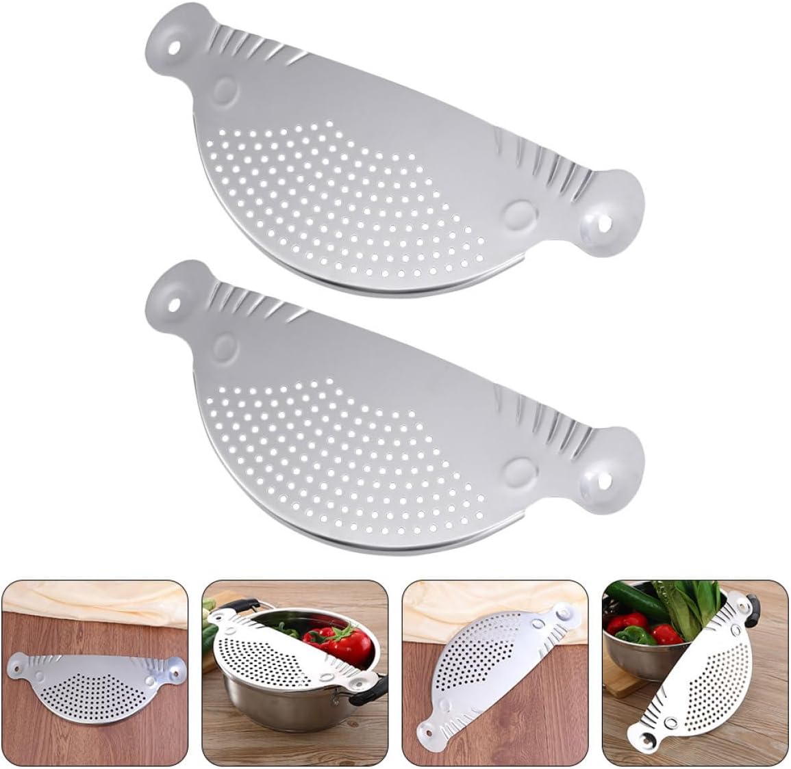 Uonlytech 2pcs Stainless Steel Kitchen Pan Strainer Set, Semicircle Water Draining Colanders with Handles for Vegetables and Pasta, Sturdy Food Strainers for Home Cooking and Canning