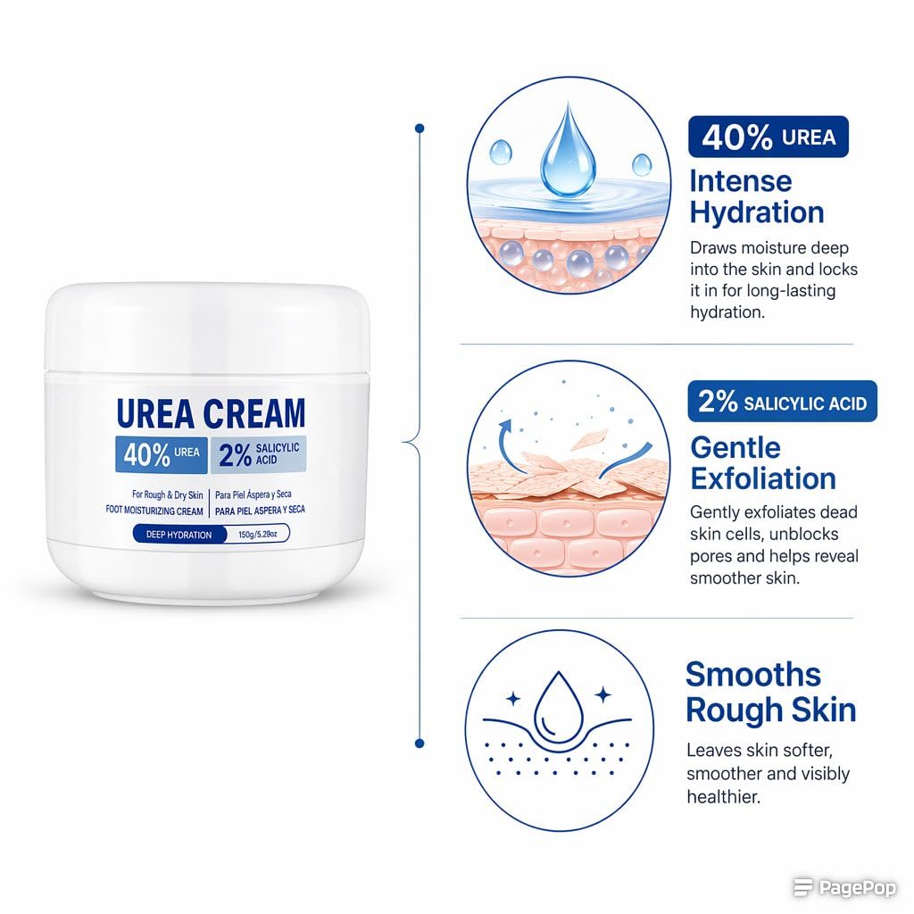 40% Urea Cream with 2% Salicylic Acid, 5.29 oz (2 bottle) | Added hyaluronic acid, menthol, deep moisturizes, keratolytic skin barrier repair. For dry, cracked feet and hands.