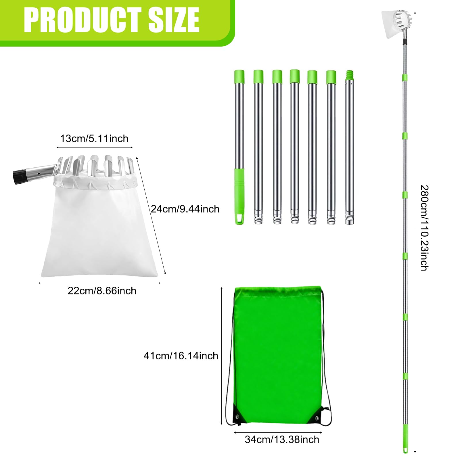 Raccogli Frutta,Raccogli Frutta con Palo in Acciaio Inox Leggero,2.8m Raccoglitore di Frutta,Diametro 13 cmMela Raccoglitrice,Raccogli Frutta da Albero con Testa a Cestello,Raccogli Fichi