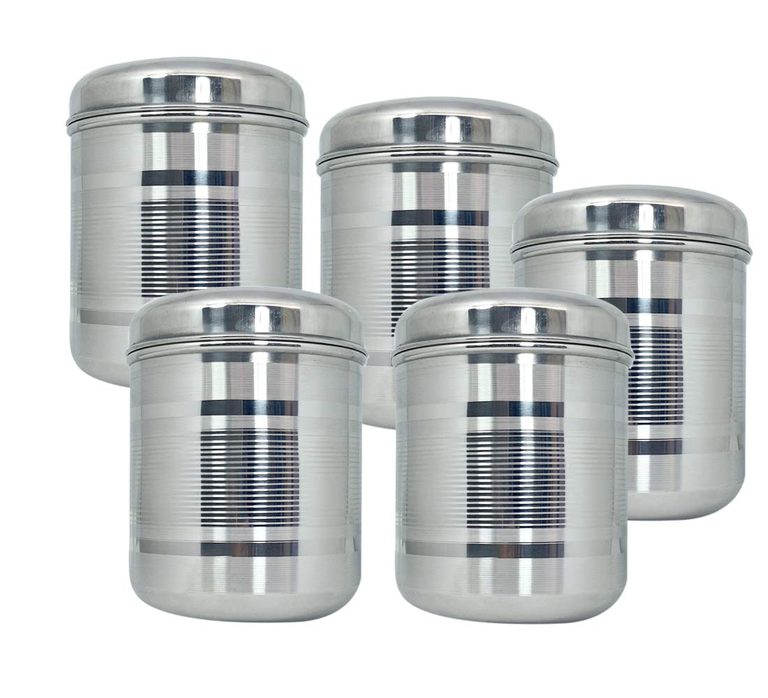 BARTAN HUB Container Set of 5,Tea, Coffee, Sugar Container (Stainless steel) - 2 L, 1.5 L, 1.2 L, 0.8 L, 0.5 L Steel Tea Coffee & Sugar Container (Pack of 5, Silver)