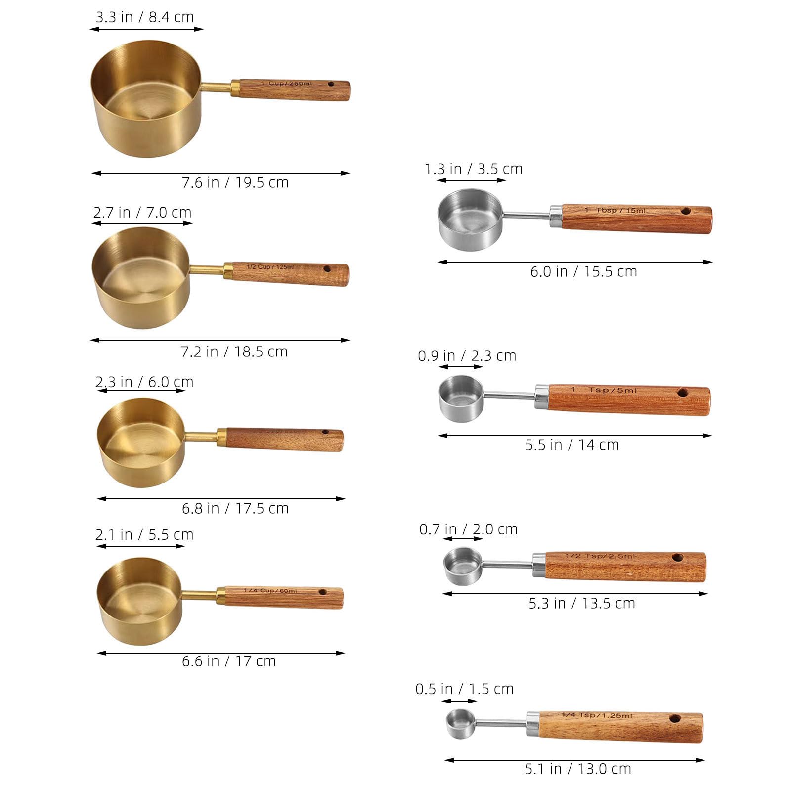 INOOMP Juego de 8 Tazas y Cucharas Medidoras de Acero Inoxidable con Mangos de Madera para Cocinar y Hornear con Medición Precisa y Durabilidad Excepcional
