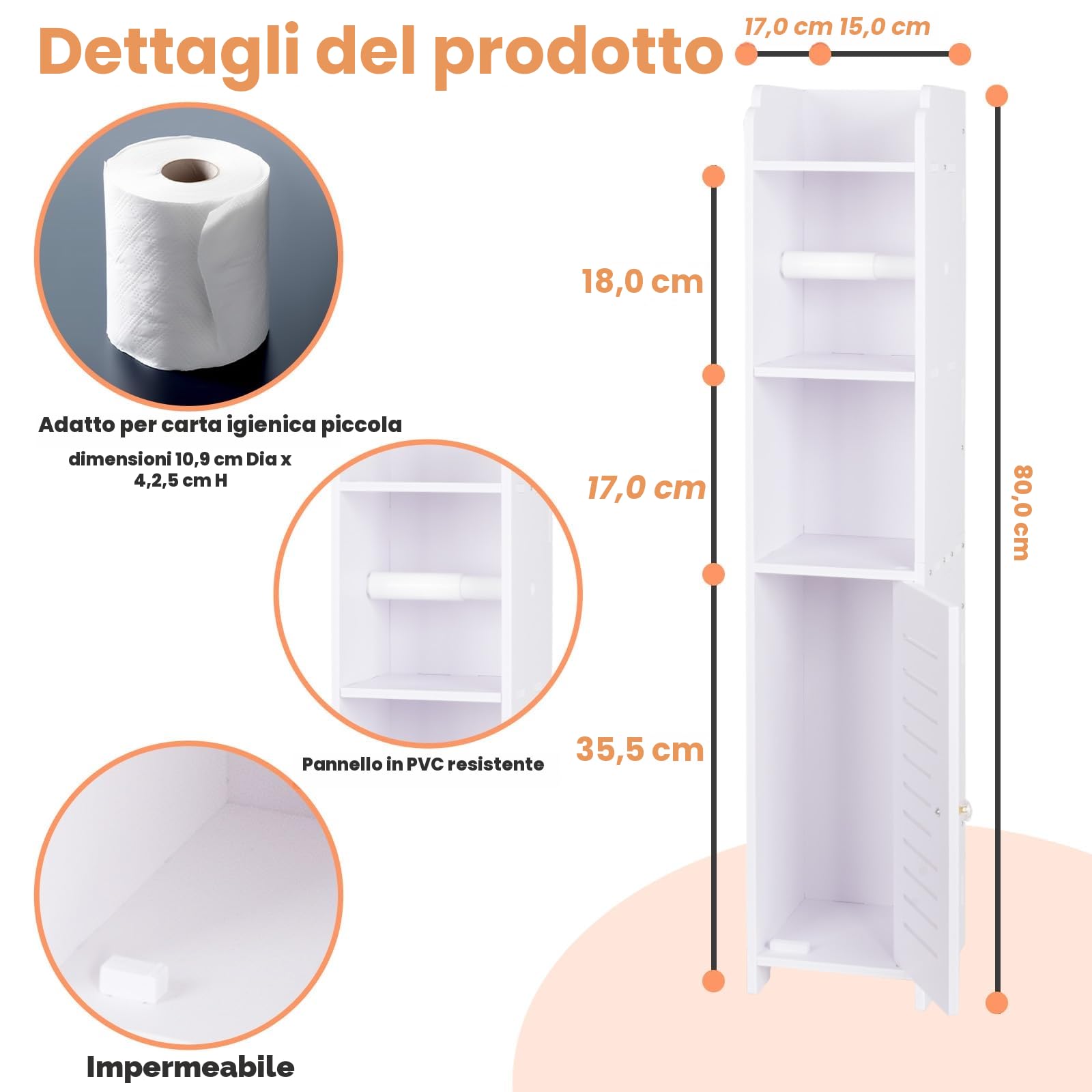 powerking Porta carta igienica, piccolo armadietto da bagno con ante e ripiani, sottile multistrato per bagno, piccoli spazi, pavimento angolare, bianco