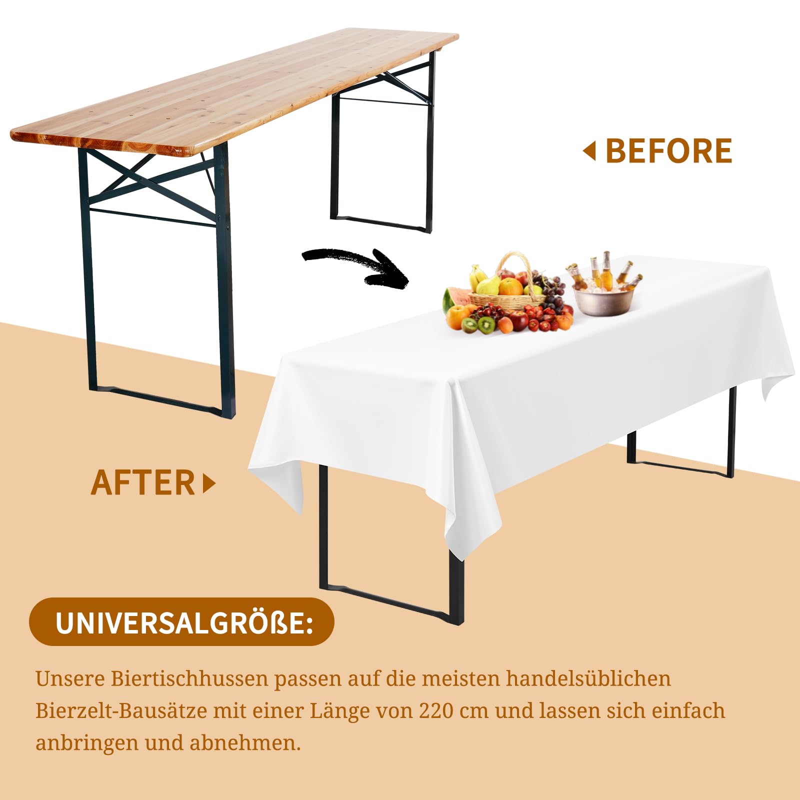 6er-Pack Biertisch Tischdecke, weiße Biertischdecke, 260 x 110 cm, Bierzeltdecke, strapazierfähige Polyester-Tischdecke, waschbare Tischdecke für Gartenparty, Geburtstagsfeier oder Grillparty (weiß)