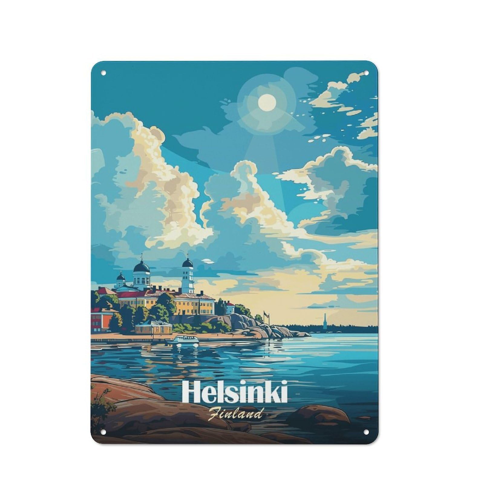 Junmoney Style-18 40X30cm Rustic Tin Sign With Helsinki Cityscape Poster For Studio Or Craft Room, Tin Sign Wall Decor For Studios And Craft Rooms