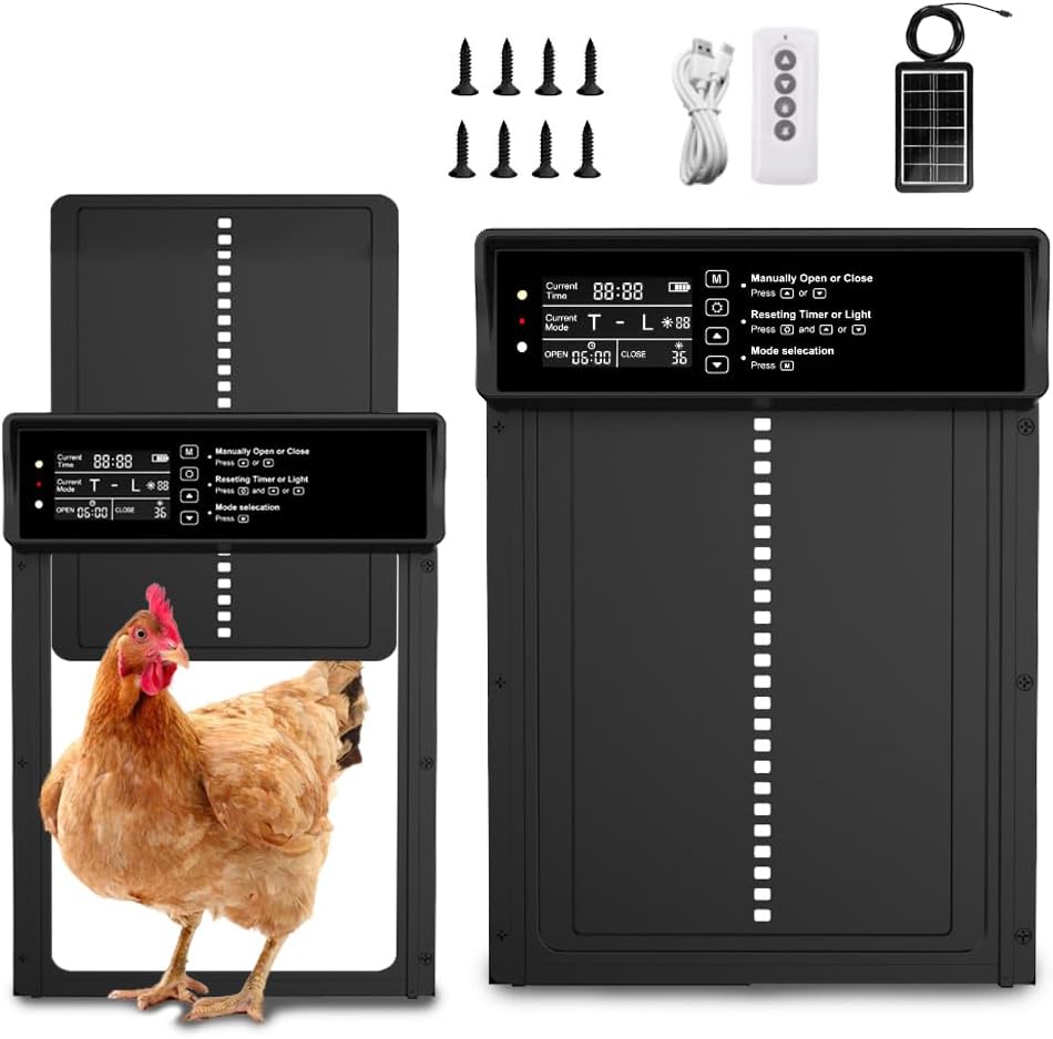 XPJBKCAutomatic Chicken Coop Door, Automatic Solar Chicken Coop Door with Time/Temperature/Light/Remote Control, IP45, Automatic Chicken Coop Door with Intelligent Anti-Trap Protection