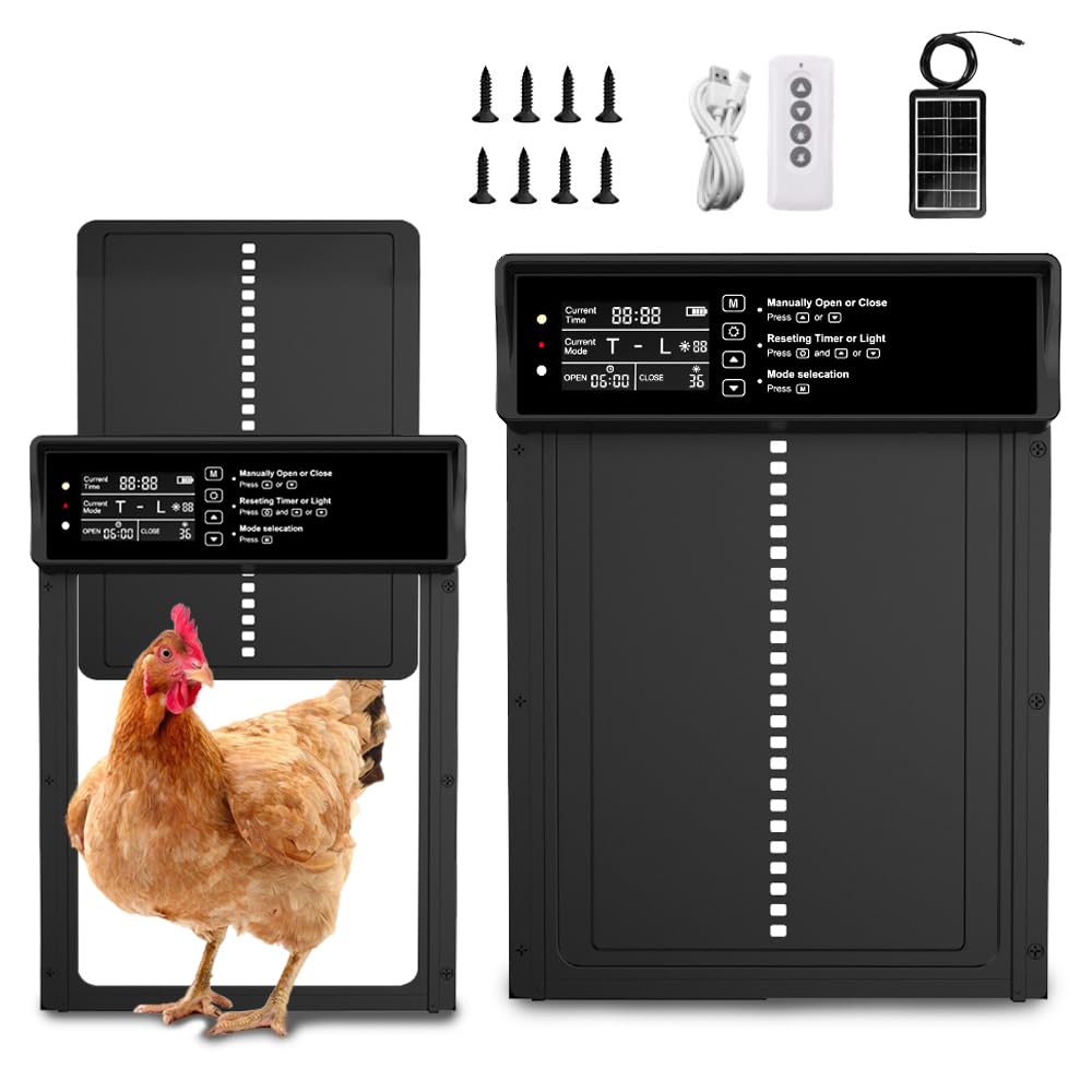 XPJBKCAutomatic Chicken Coop Door, Automatic Solar Chicken Coop Door with Time/Temperature/Light/Remote Control, IP45, Automatic Chicken Coop Door with Intelligent Anti-Trap Protection