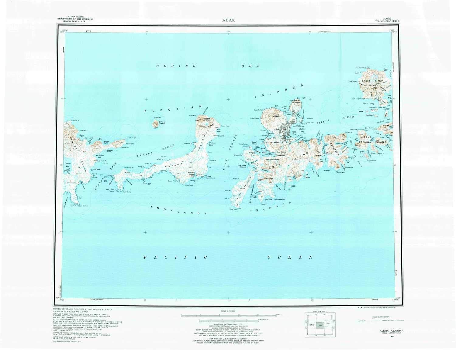 YellowMaps Adak AK topo map, 1:250000 Scale, 1 X 2 Degree, Historical, 1957, Updated 1977, 23.07 x 30.05 in - Polypropylene