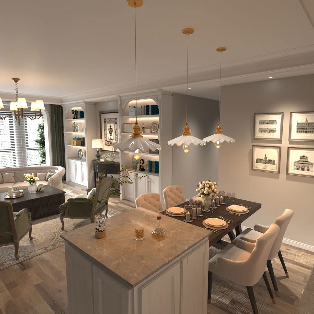 OIUSQBH 1-Light Vintage Pleated Umbrella-Type Pendant Light 7.8" White Ceramic Shade Pendant Lamp Fixtures Adjustable Length Lighting Suitable for Kitchen Island,Barn,Dining Room,Living Room,Bedroom