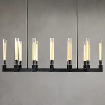 54 Inch Black Rectangular Chandeliers for Dining Room,12-Lights Modern Farmhouse Chandelier with Knurled Glass Tube,Black Copper Linear Chandeliers Dining Room Over Table Kitchen Island Pendant Light