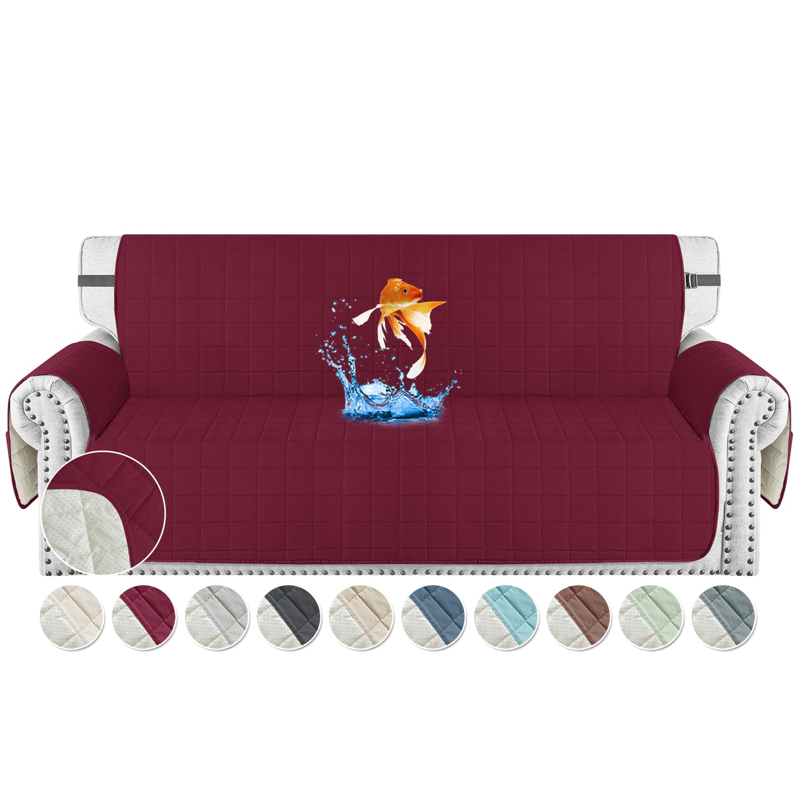 MAXIJIN Waterproof 4 Seater Couch Covers, 79" Quilted Sofa Covers Washable Pet Dog Couch Cover Protector with Elastic Strap & Side Pocket (Wine Red, 4 Seater)