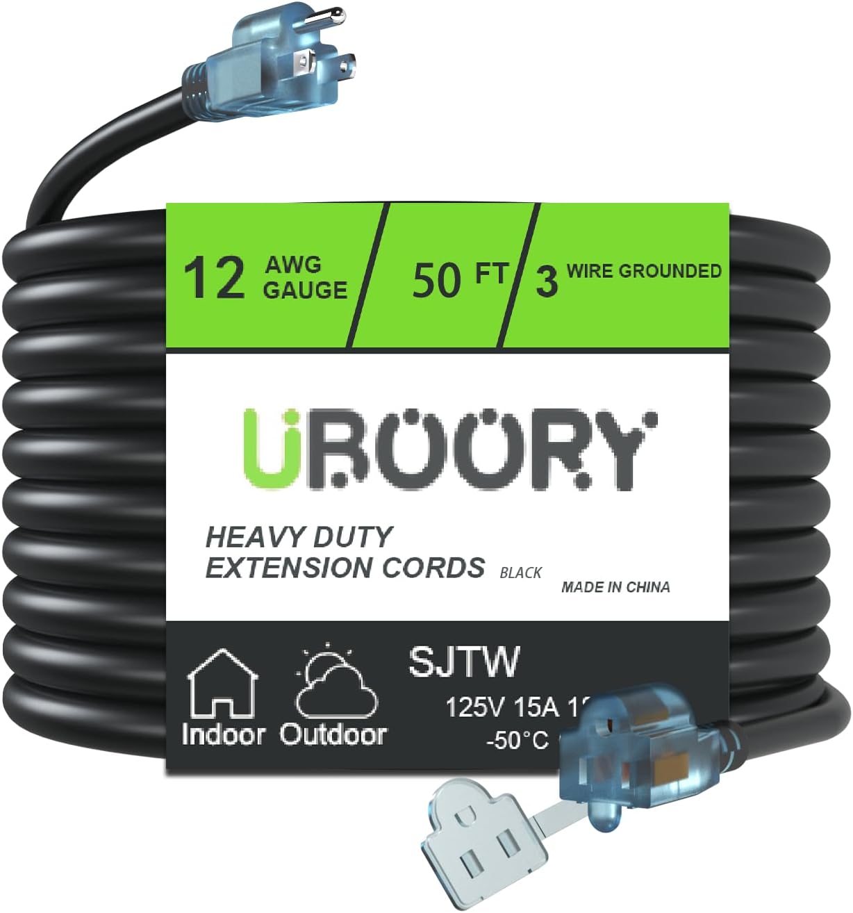 Outdoor Extension Cord Waterproof 50 FT, Black 12/3 SJTW Heavy Duty, Flexible 100% Copper 3 Prong Extension Cord for Lawn, Garage,UL Listed