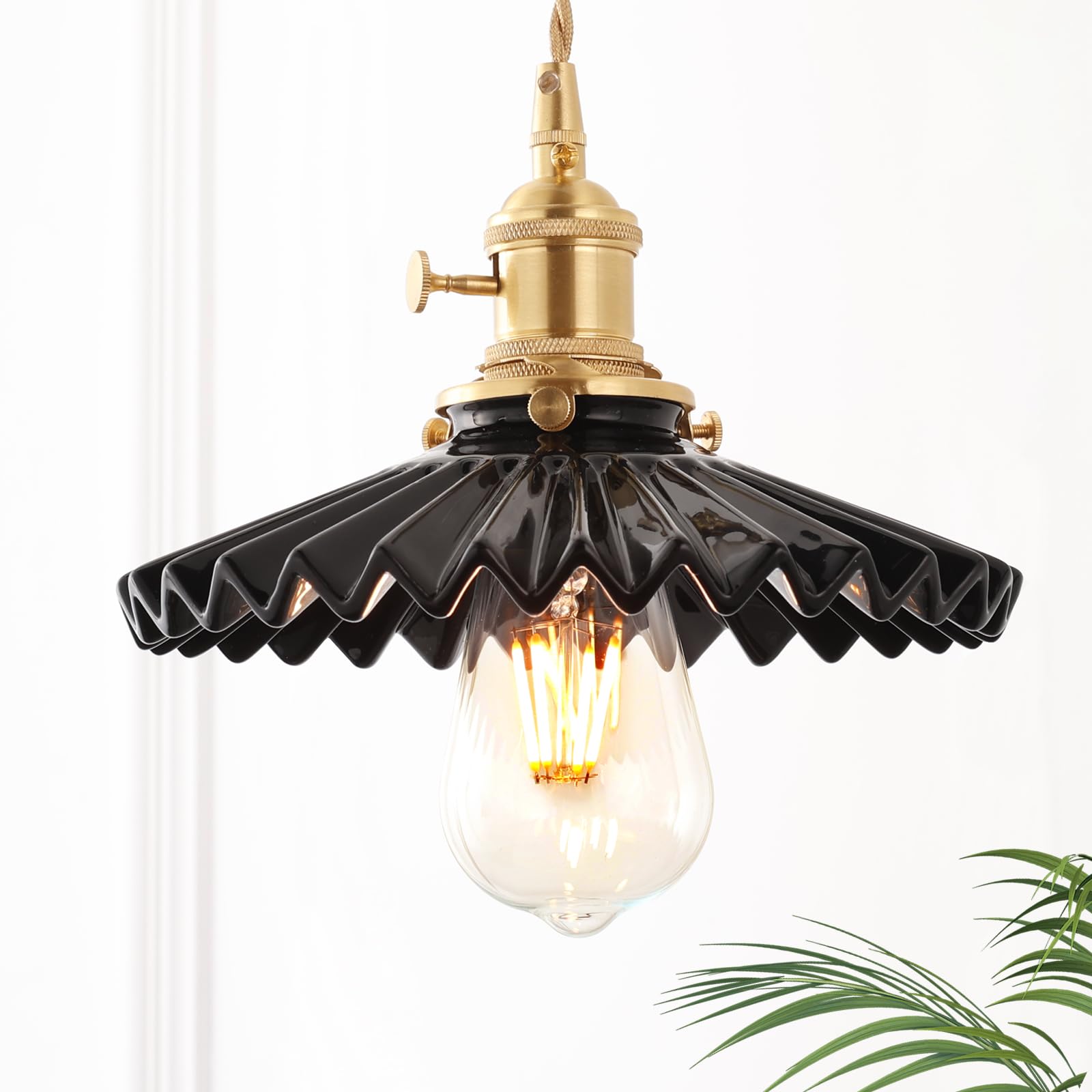 Shenmoyl ã€?Upgradedã€‘ Pendant Light Retro Black Pleated Ceramic Lampshade Nordic Hanging Lamp, Brass Finish Ceiling Drop Light E26/E27 Fixture Lamp Fitting with Kitchen Island Bedroom 7.87 Inch Diam