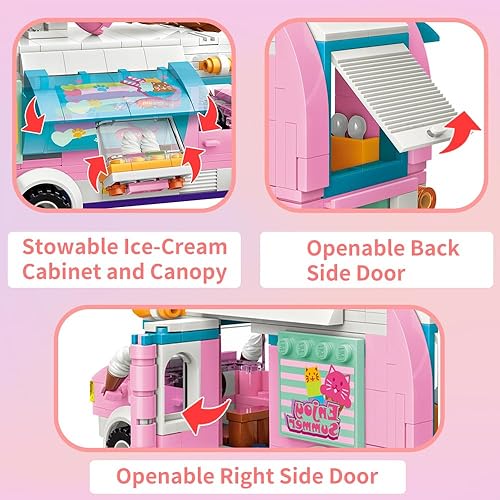 Miniatura 5 de QMAN Juego de juguetes de construcción para niñas, camión de helado rosa, juguete de ladrillos de construcción, juguete de vehículo de venta de