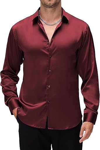 Alex Vando Mens Luxury Satin Dress Shirt Long Sleeve Silk Shiny Sateen Party Shirt