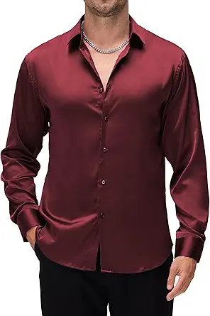 Alex Vando Mens Luxury Satin Dress Shirt Long Sleeve Silk Shiny Sateen Party Shirt