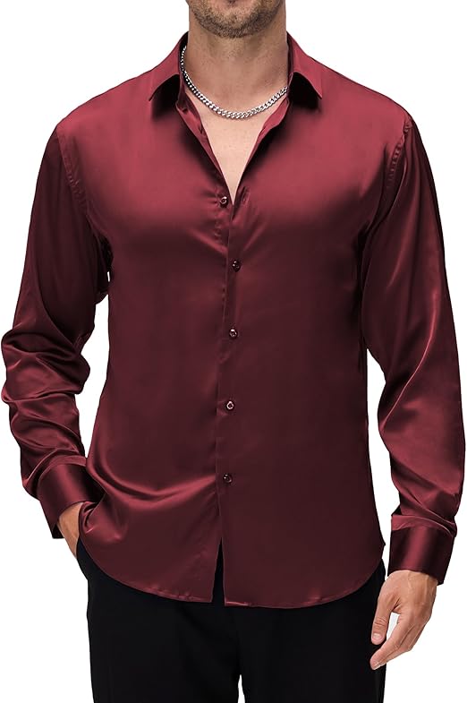 Alex Vando Mens Luxury Satin Dress Shirt Long Sleeve Silk Shiny Sateen Party Shirt