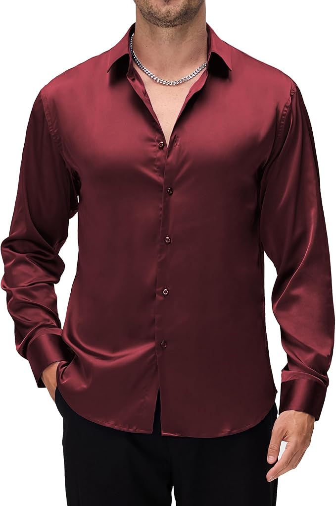 Alex Vando Mens Luxury Satin Dress Shirt Long Sleeve Silk Shiny Sateen Party Shirt