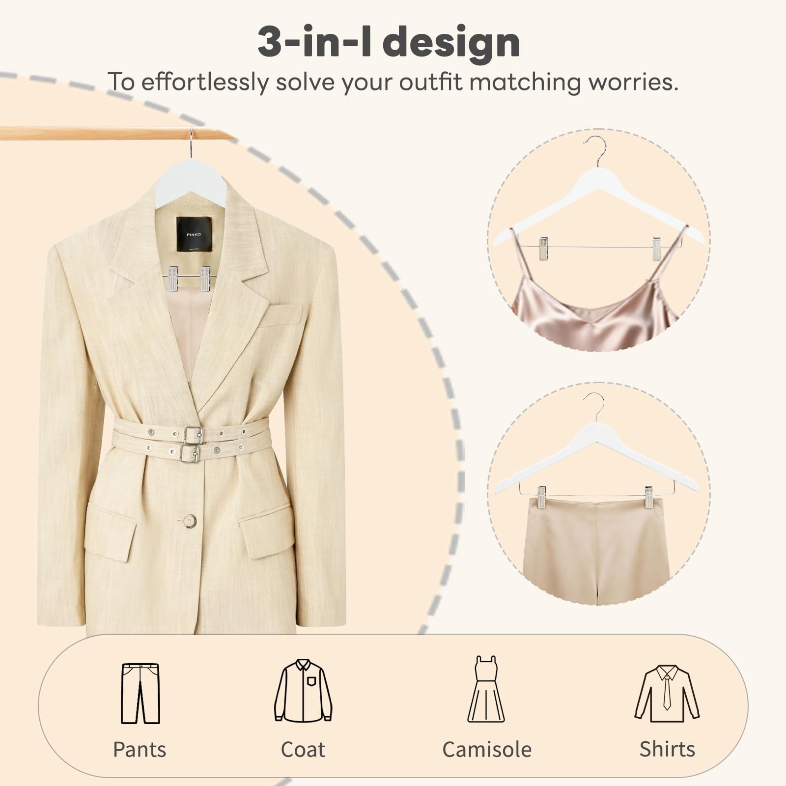 HOUSE DAY Perchas de madera, paquete de 12 perchas con clips, perchas de madera, perchas de madera, acabado suave, perchas de madera de primera calidad para ropa de traje, color blanco