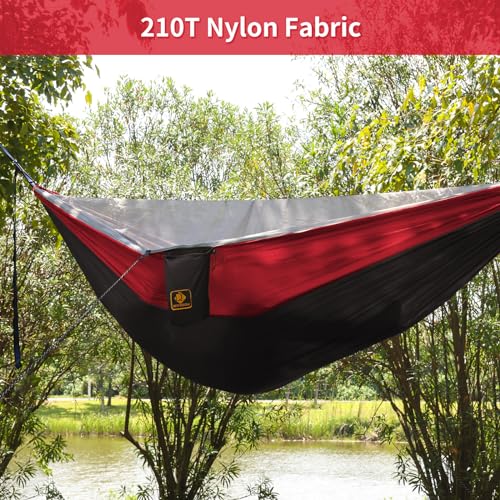 Image of Camping Hammock, Portable Hammocks with Mosquito Net,Lightweight Nylon Parachute Hammock with 10ft Tree Straps,Camping Gear Must Haves for Travel Hiking Backpacking Beach Patio-Black&Red