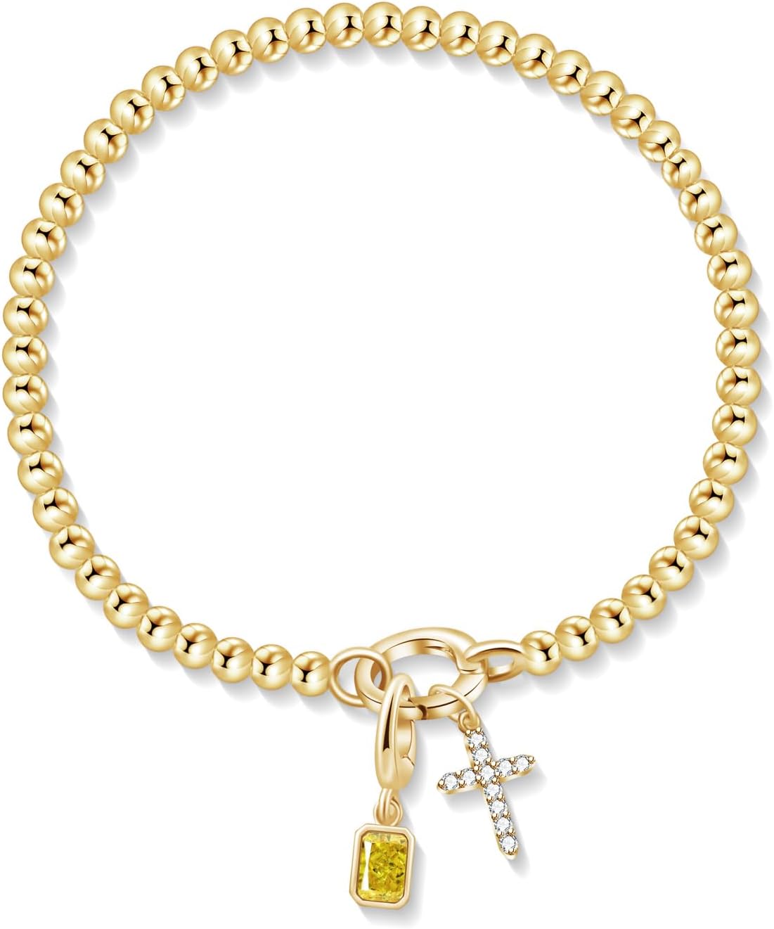 Free bird Cross Birthstone Bracelet | Dainty 14K Gold Plated Cross Charm Bracelet for Women | Stretchable Elastic Gold Beaded Bracelet | Stackable Trendy Birthstone Bracelet | Jewelry Gifts for Women 11-Nov