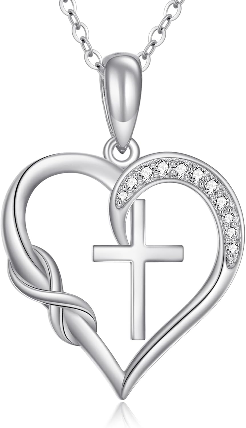 ONEFINITY Cross Necklace for Women 925 Sterling Silver Moissanite Cross Heart Pendant Necklace Women Infinity Cross Religious Jewelry