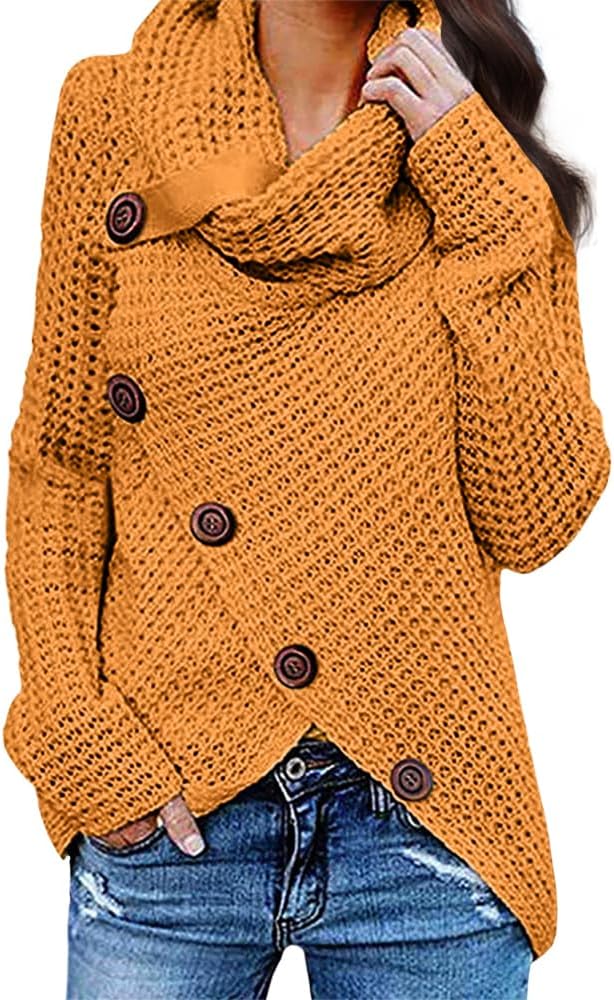 ZOCANIA Turtleneck Sweater Women 2024 Button Long Sleeve Asymmetric Plus Size Pullover Knit Jumper Tops Girls Fall Outfits