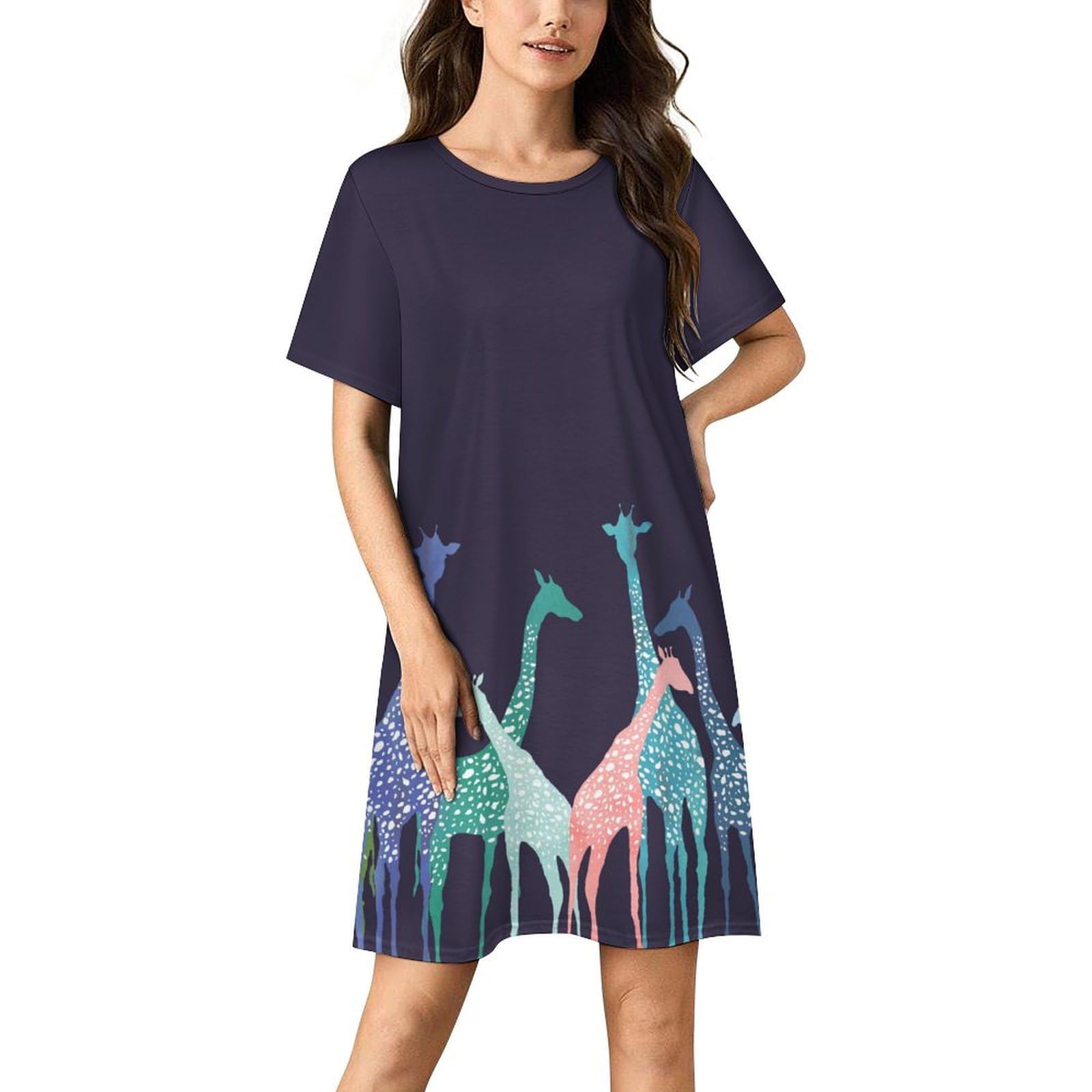 Lznjz Women's Colorful Cartoon Giraffe Short Sleeve Nightdress, Nightdresses For