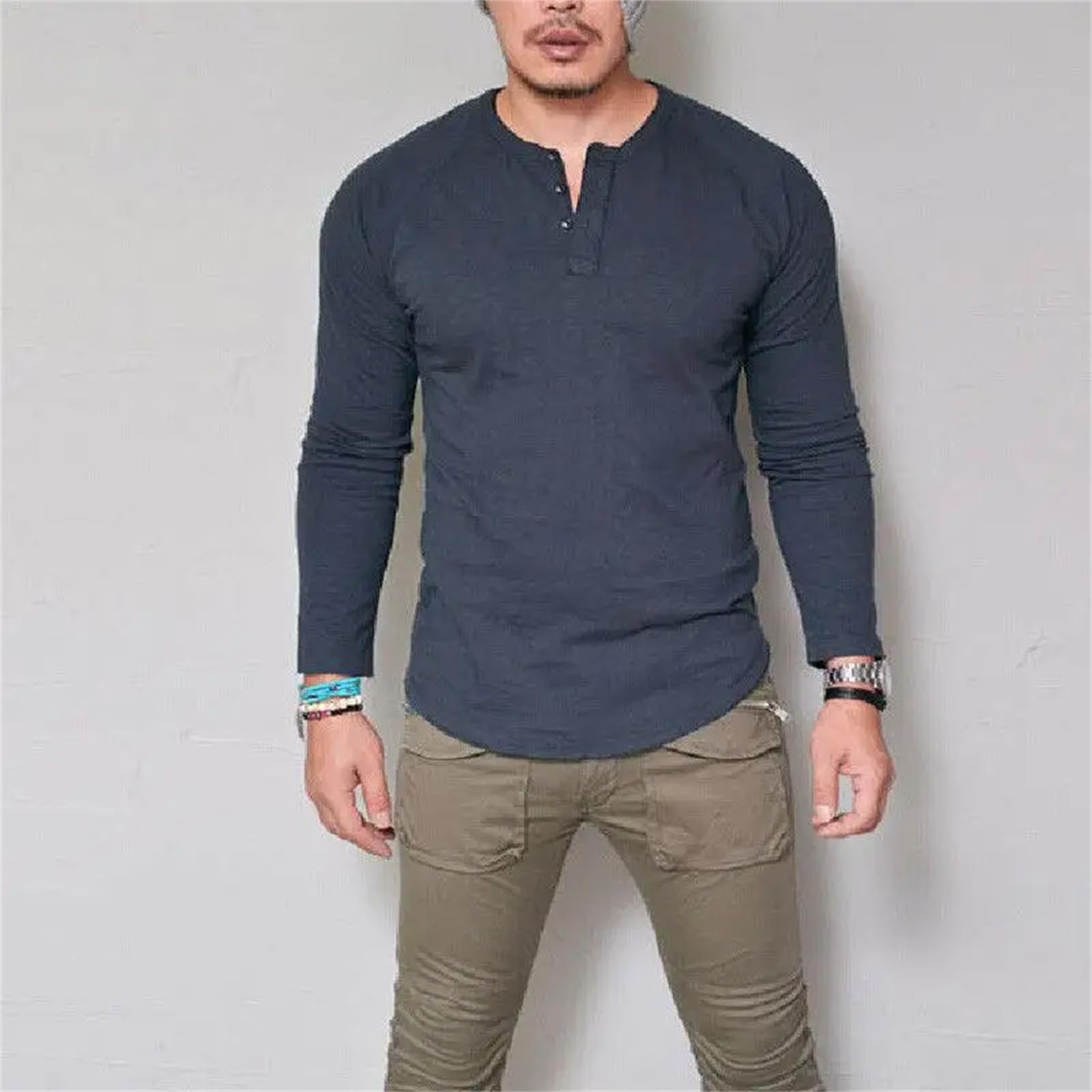 T-shirt da uomo girocollo in cotone tinta unita con bottoni a maniche lunghe traspirante casual base top