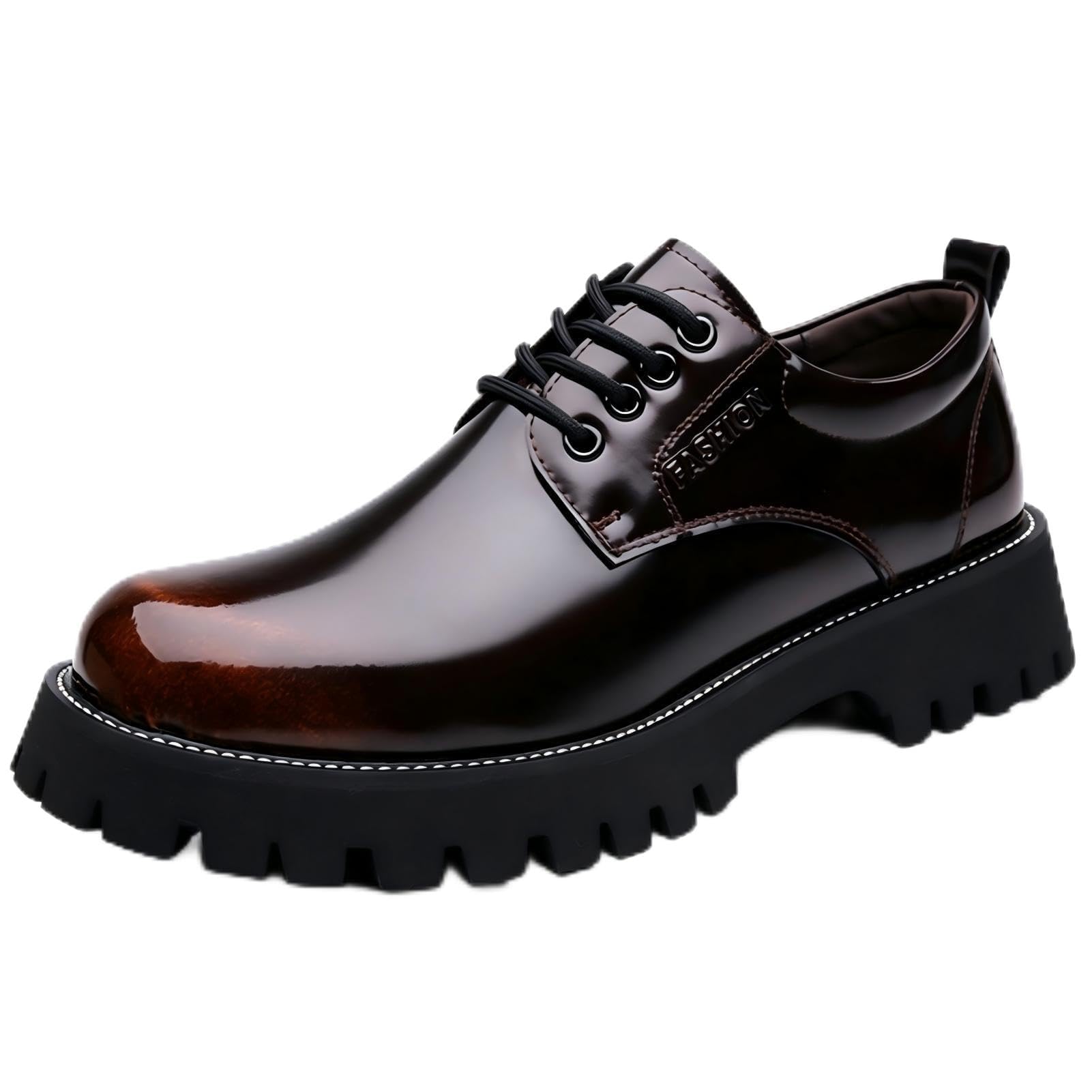 Scarpe Derby Uomo Pelle Verniciata Lucida Platform Suola Spessa Dentata Stringate Vintage Marroni Altezza Aggiunta, Scarpe Eleganti Casual Business Cerimonia Antiscivolo