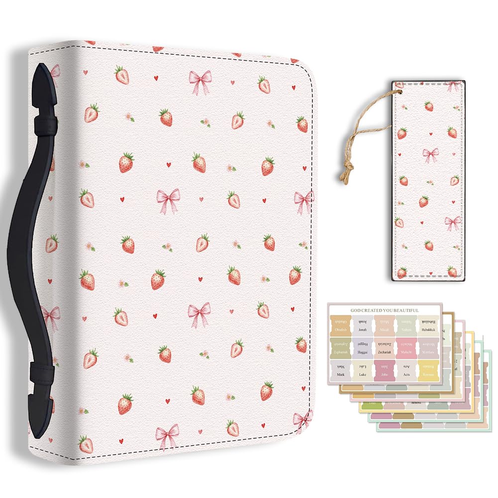 TNKBREEZE Women's Bible Cover Cute Strawberry Bow PU Leather Book Carrying Bag Pink Inspirational Bible Verse Book Case with Bookmark Handle Zipper Christian Gifts Church Study Supply 11.2x8x2.3inch