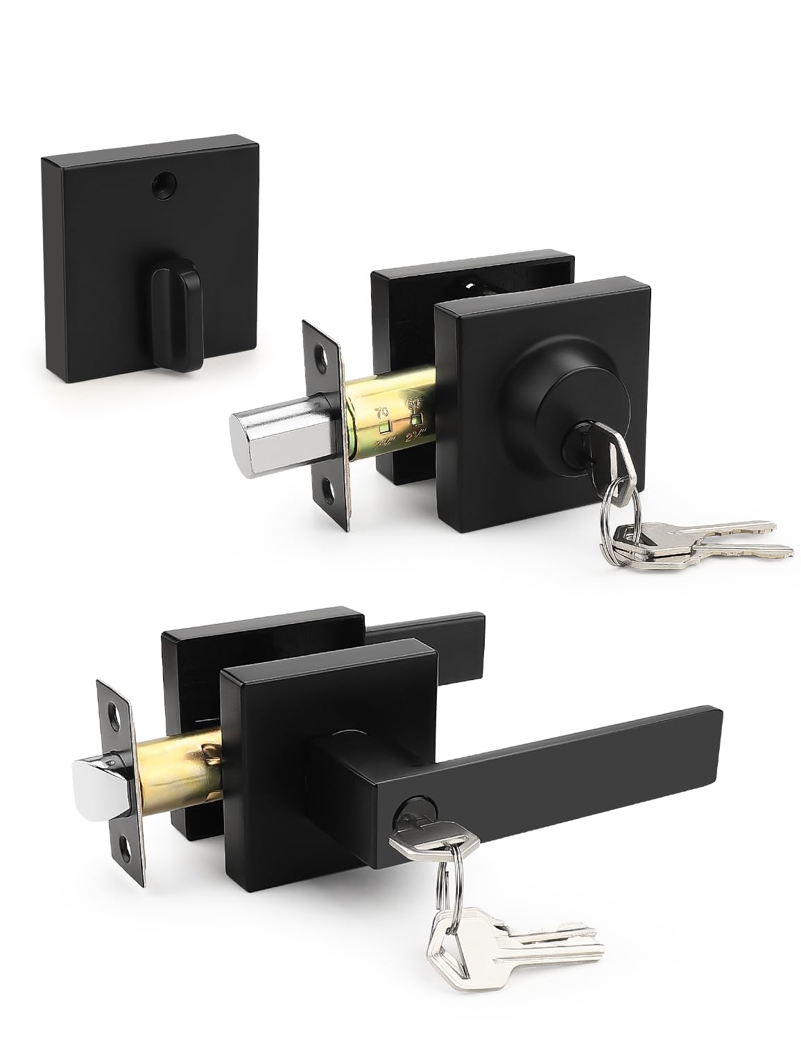 Tinewa Square Keyed Alike Front/Exterior Door Lever with Single Cylinder Deadbolt, Flat Black Entry Door Knob Lock Set with Deadbolt Combination Sets, for Entrance/Front and Office Doors,1 Pack