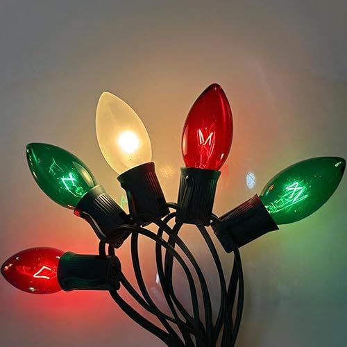 Miniatura 10 de Luces de Navidad vintage C9 para exteriores, cadena de luces de 26 pies con 26 bombillas transparentes, luz impermeable para árbol de Navidad al