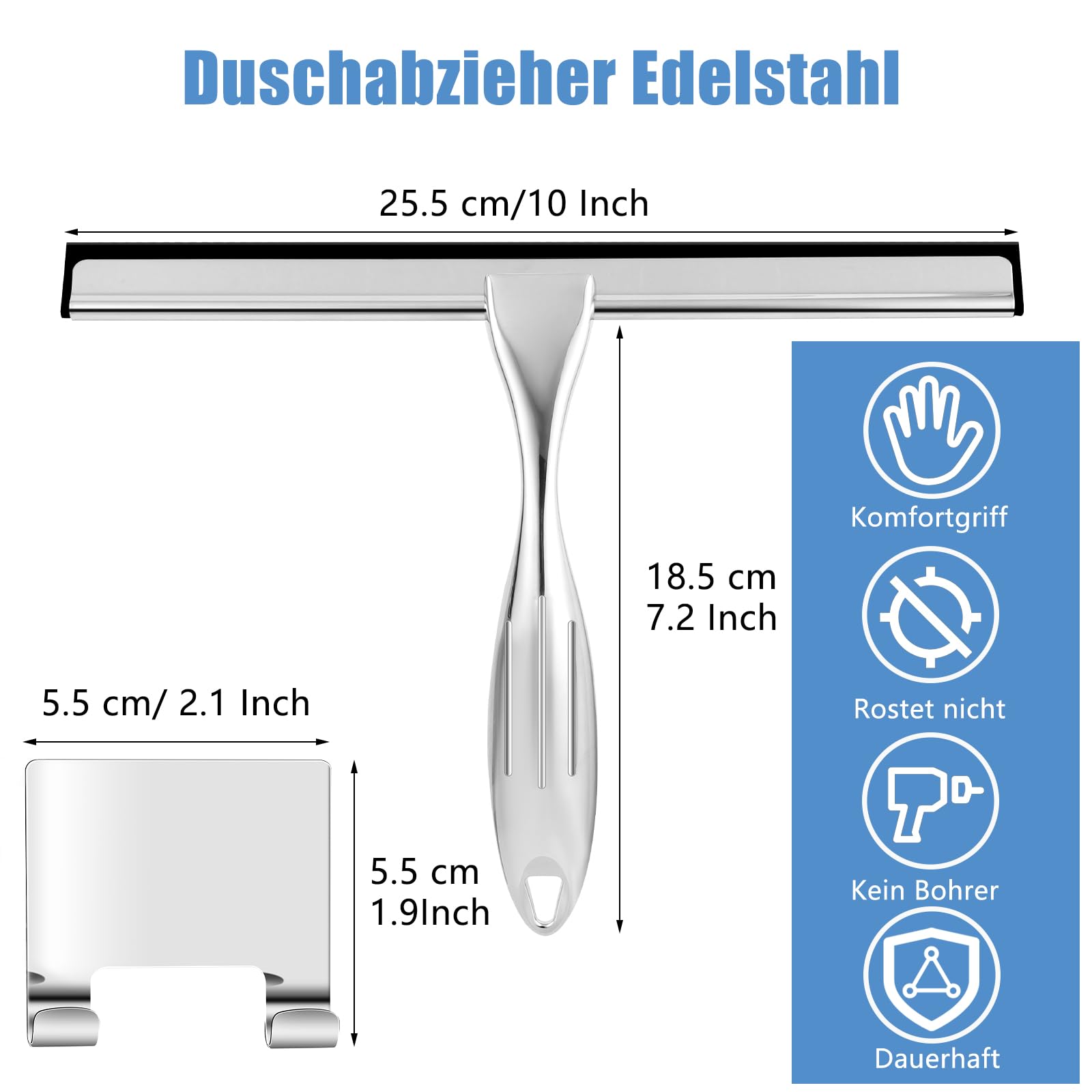 Wlich Limpiacristales de ducha, de acero inoxidable, 10 pulgadas, sin rayas, para ducha con soporte, limpiacristales para baño, ventana, espejo de coche, wlich-de-2431201