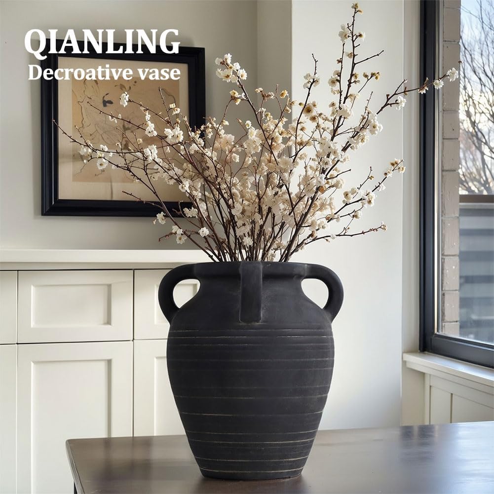 Handmade Large Black Vase - 10" Tall Terracotta Vases with 4 Ear Design, Wide Mouth Vintage Vases, Rustic Antique Decor Matte Black Ceramic Vase for Home Decor, Living Room, Table, Fireplace Decor - Image 4