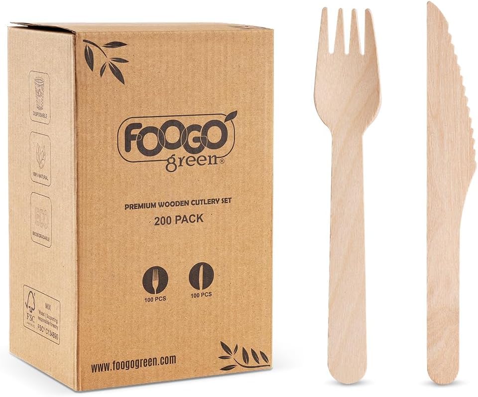 FOOGO Green 200pcs Set Fourchettes et Couteaux en Bois Jetables, Certifiés FSC®, 100 Fourchettes 100 Couteaux, 16cm, Écologique Compostable, Fête...