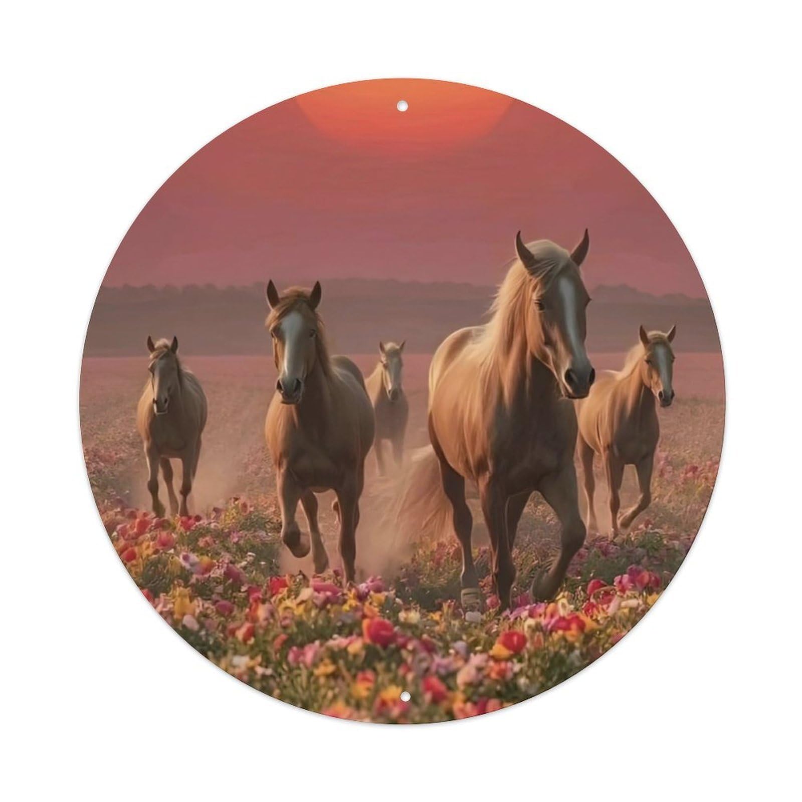 Equestrian Horse Sunset Galloping in Wildflower Meadow Panoramic Landscape Animal Vintage Metal Tin Sign Plaque Wall Decor for Cafe, Club Bar, Office, Garden Metal Poster 8x8Inch