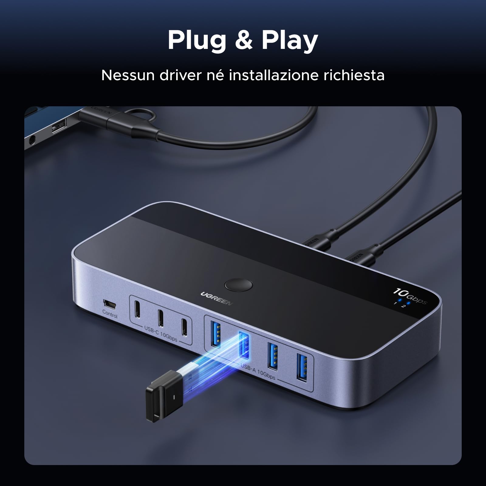 UGREEN Switch USB C 3.2 10 Gbps 2 in 7 Out Commutatore KVM | Condividono 7 USB, 4A3C, per Tastiera, Mouse, Disco Rigido, Stampante, Scanner, Microfono, con Alimentatore DC 12 V