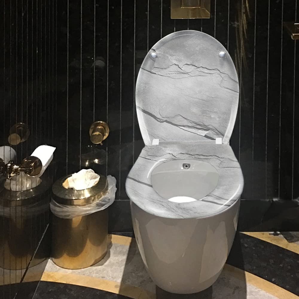Froadp Tapa de inodoro con mecanismo de descenso automático Asiento de inodoro Asiento de WC Asiento de váter de duraplástico y acero inoxidable Antibacteriano Inodoro para todos los inodoros
