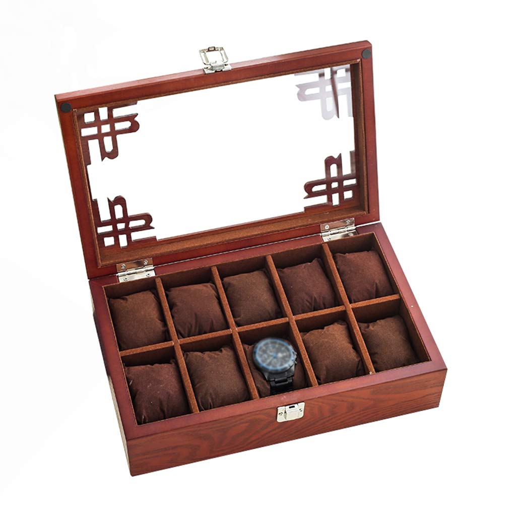 Caja de reloj de 10 cuadrículas Caja de almacenamiento de exhibición de joyas Caja de organizadores de pulseras con soportes de almohadas extraíbles y tapa de vidrio para hombres y mujeres - Rojo