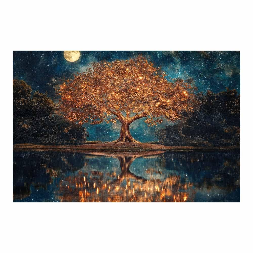 ZAMAEIU Tree of Life Painting Abstract Moon-Reflected Tree Panoramic Canvas Prints Pictures for Living Room Bedroom Home Office Wall Decoration(multicolored)-80x120cm Unframed