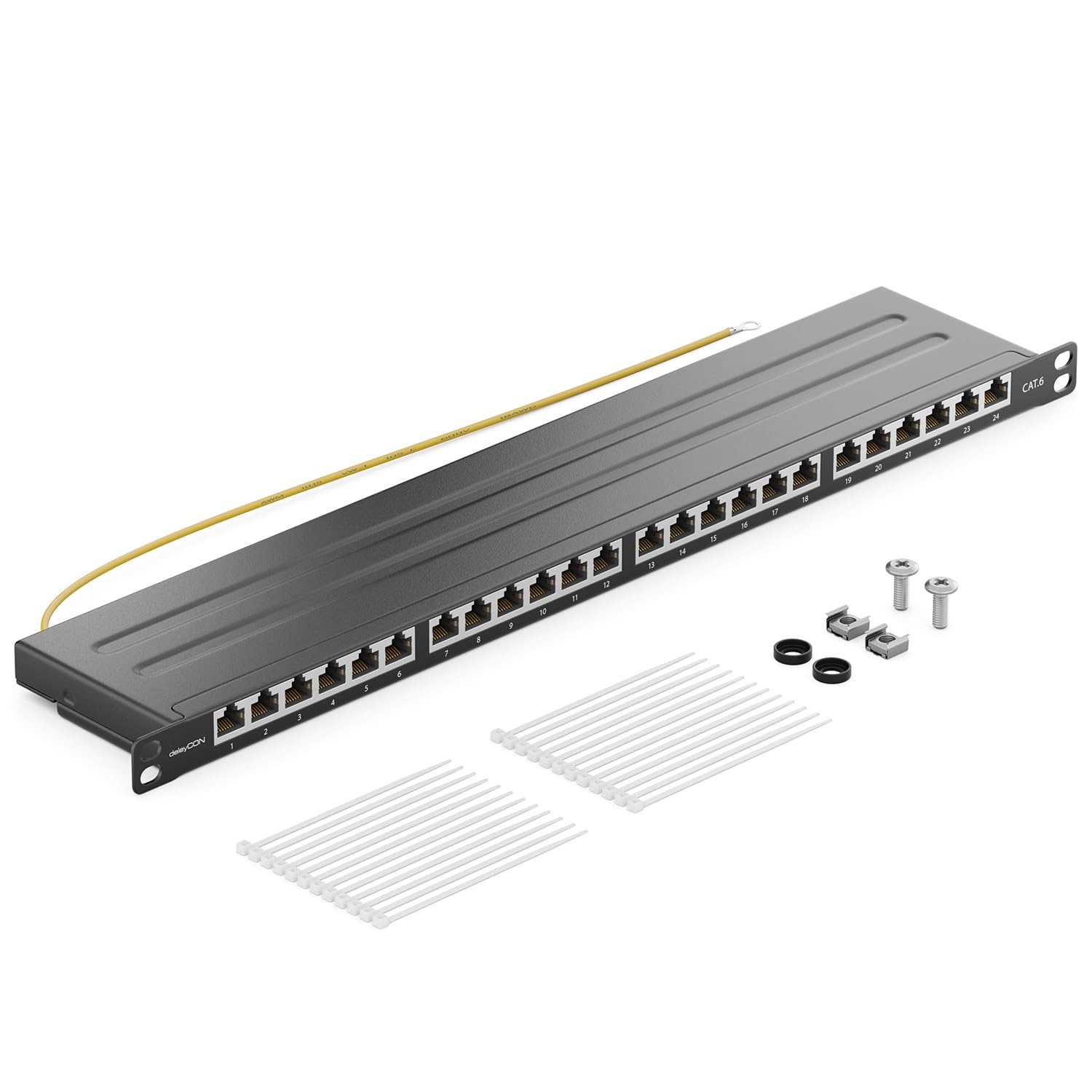 deleyCON Patch Panel 0,5 Unità Cat 6 Mini 24 Porte - Desktop Montaggio a Rack 19 Pollici Server RJ45 Schermato TIA568A TIA568B - Nero