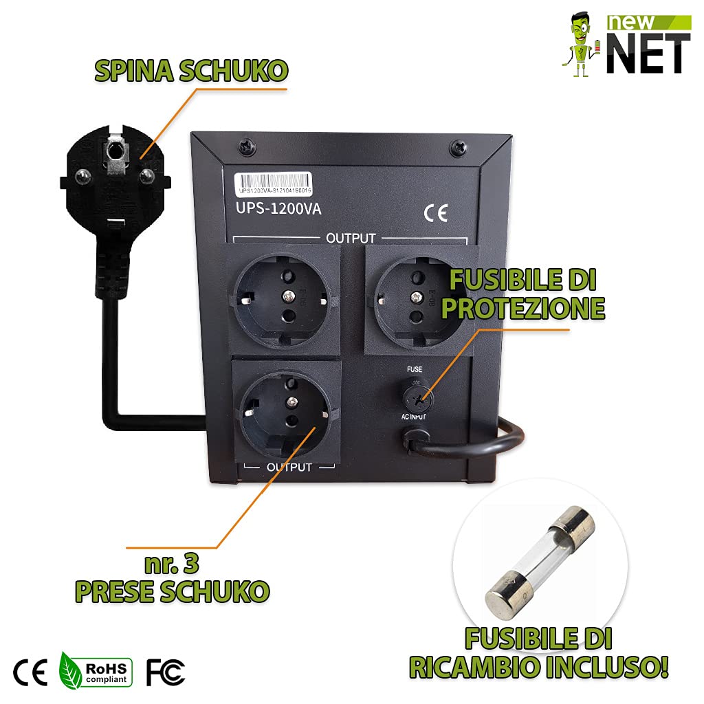 new net ® ups/Stabilizzatore di Tensione Corrente/Gruppo di continuità per Videosorveglianza Stampante TV Telecamera Video Camera Computer 3 Prese shuko [ 700 W - 1200 VA ]