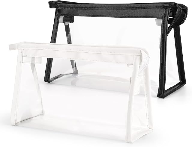 Maomaoyu 2PCS Clear Pencil Case Set for Exam, Large Capacity Pencil Case Clear, Exam Pencil Pouch PVC Zipper Travel Luggage Pouch Transparent Pencil Bag for Students, Makeup Pouch Women, Black&White