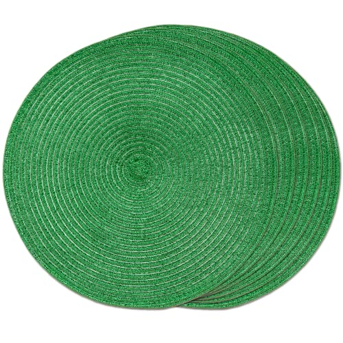 FunWheat Runde geflochtene Tischsets, 6er-Set, für Esstische, gewebt, waschbar, rutschfest, 38,1 cm (grün glänzend, 6 Stück) – Ansicht 1