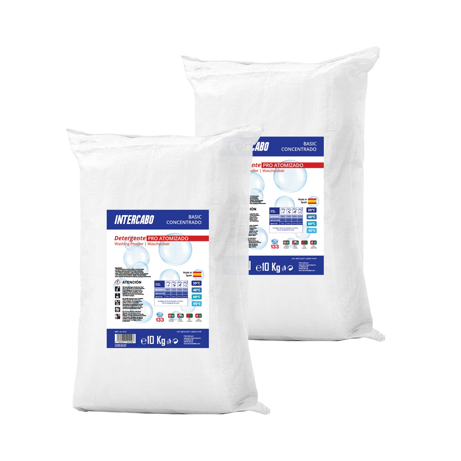 Lessive en poudre 20 kg - 2 sacs de 10 kg - pour linge blanc & couleur - formule détachante atomisée - anti-calcaire - usage domestique & professionnel - INTERCABO BASIC