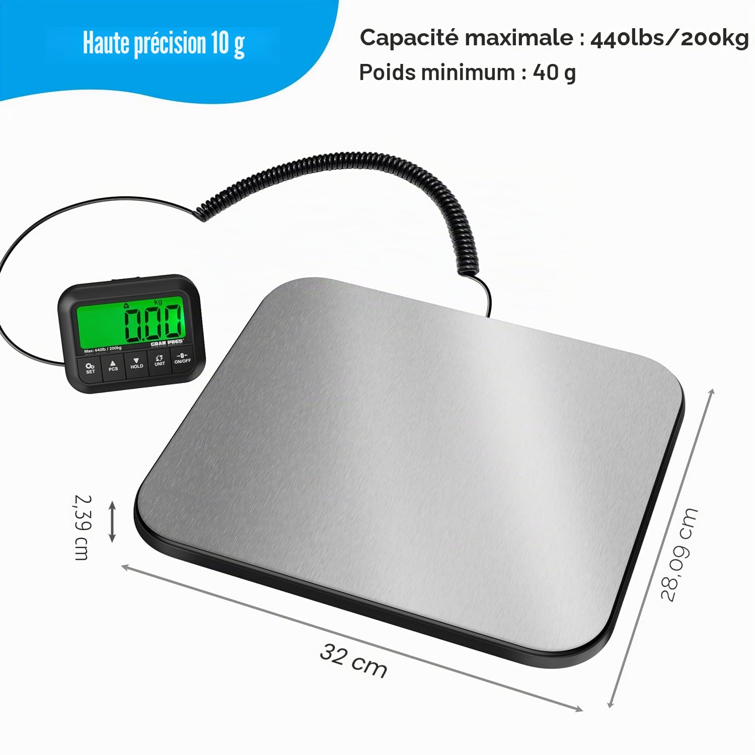 Balance d'expédition GRAM PRES 440 lb/10 g, postale numérique LCD Hold/Tare/Pcs