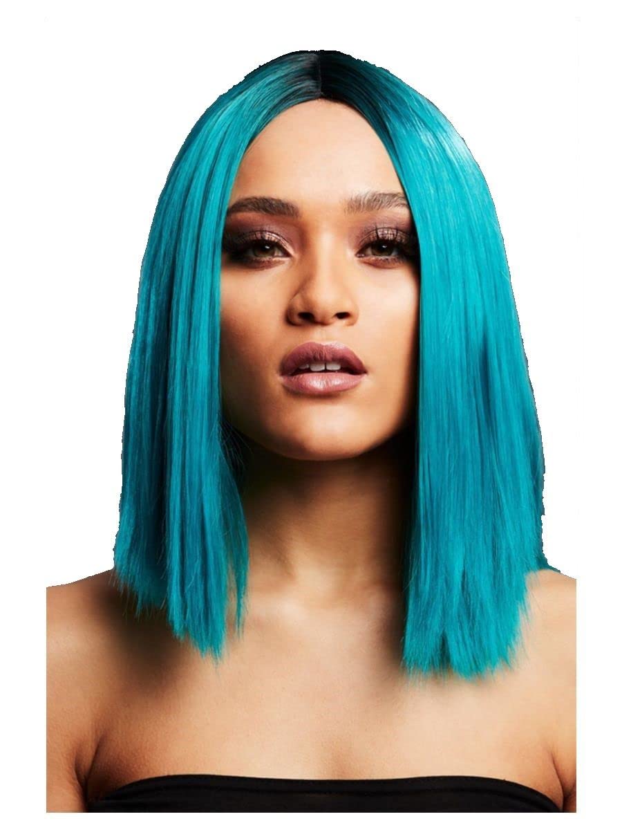 Smiffys Fever Kylie Wig, Two Toned Blend, Teal Inverted Long Bob, Centre Parting, 37cm/ 15in, Fever Wigs Fancy Dress