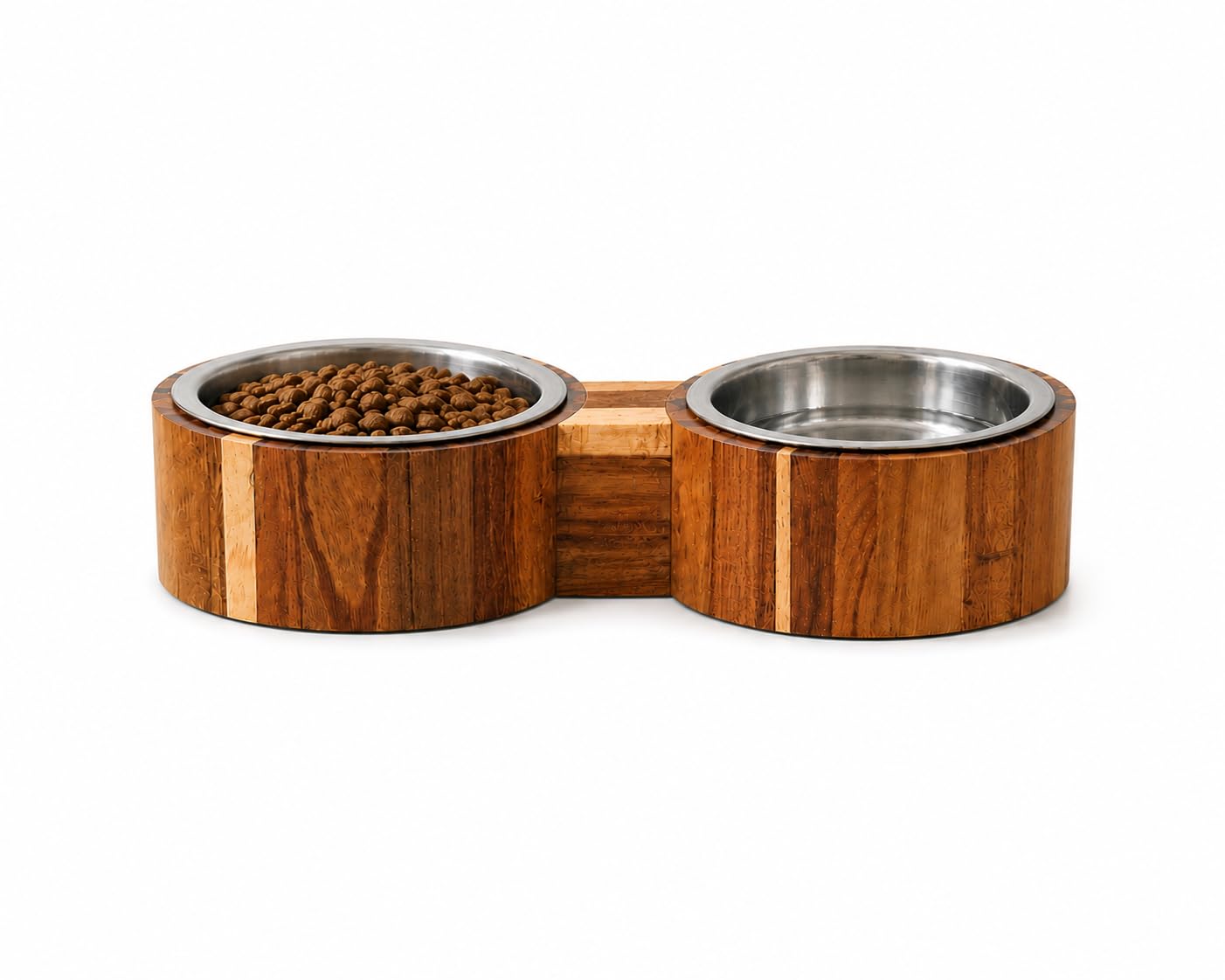 Double Pet Feeding Bowl with Stainless Steel Insert, Natural Acacia Wood, Non-Slip Base, Removable Food and Water Bowls for Dogs and Cats